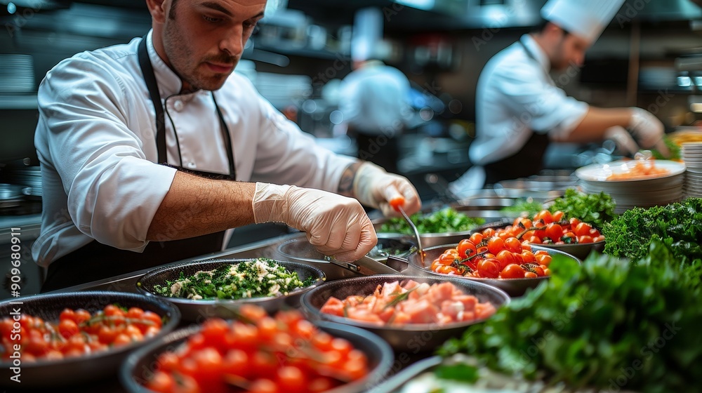 A chef preparing ingredients for a gourmet meal in a professional kitchen A chef preparing ingredients for a gourmet meal in a professional kitchen