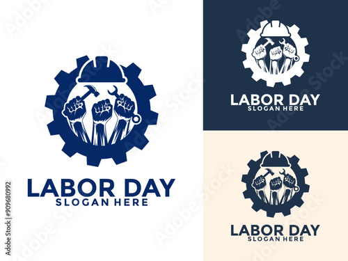 Labor Day with hand, hammer, wrench, and safety helmet Logo vector, Construction, worker logo design template, illustration, poster, flyer, greeting card
