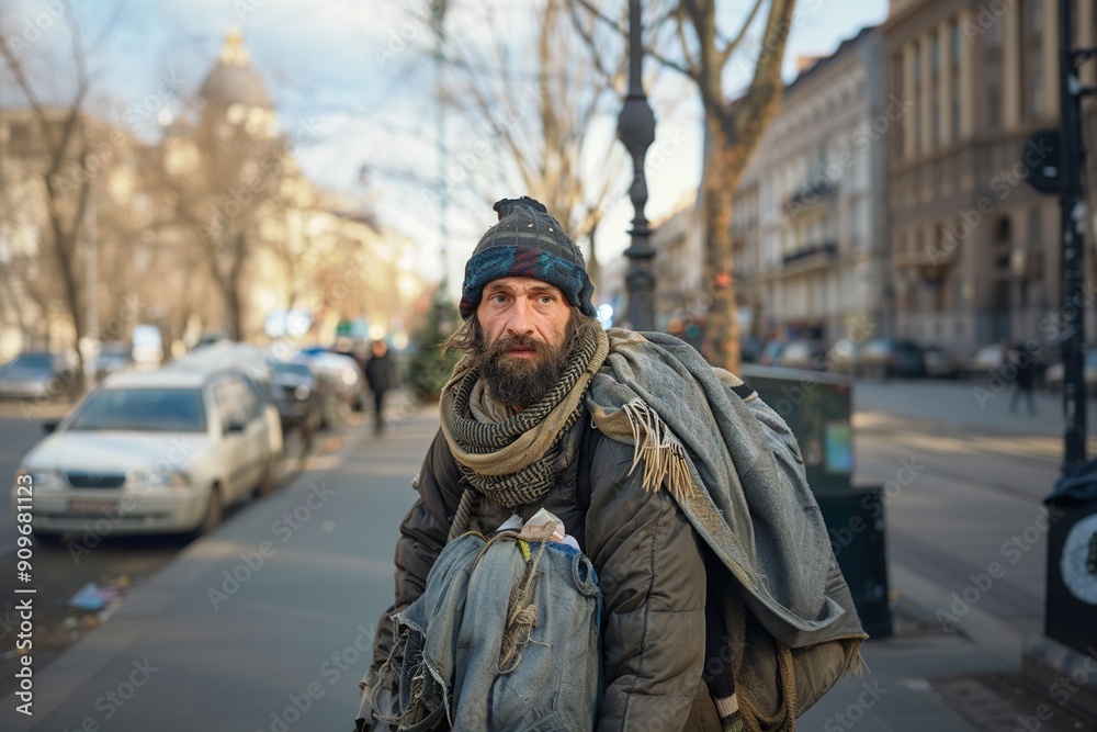 homeless man wandering the streets of the city. out-of-focus background homeless man wandering the streets of the city. out-of-focus background