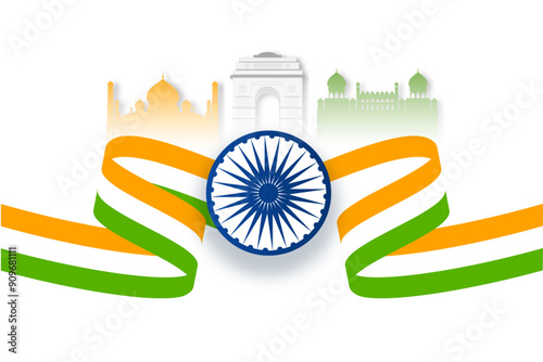 Happy independence day illustration design with indian flag and Ashoka chakra. vector illustration design.