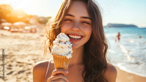 A young, attractive woman enjoying an ice cream cone by the beach on a holiday-filled, sunny summer day.