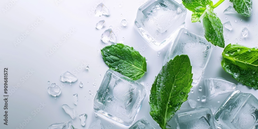 Close-up of ice cubes stacked with green mint leaves.AI generator Close-up of ice cubes stacked with green mint leaves.AI generator