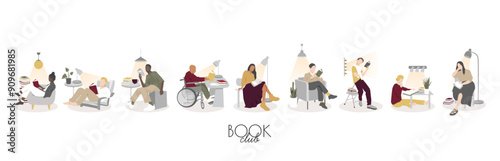Book club banner. Different people read. Modern design.