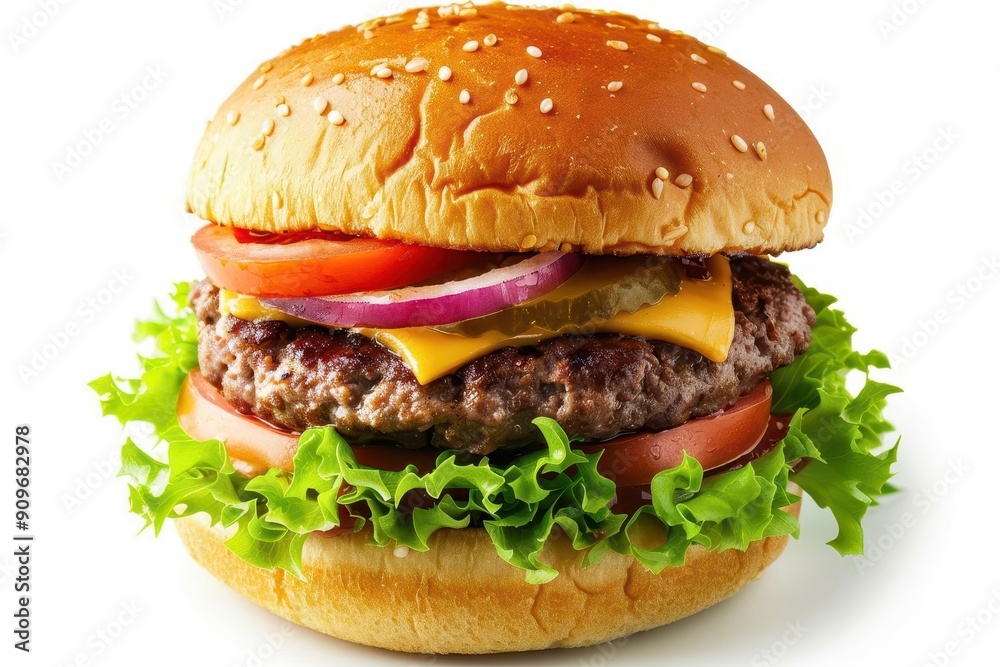perfectly crafted hamburger isolated on a pure white background layers of juicy patty fresh vegetables melted cheese and a golden bun in mouthwatering detail perfectly crafted hamburger isolated on a pure white background layers of juicy patty fresh vegetables melted cheese and a golden bun in mouthwatering detail