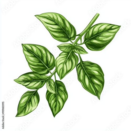 Fresh Aromatic Basil Branch on White Background for Food or Cosmetic Design Generative AI