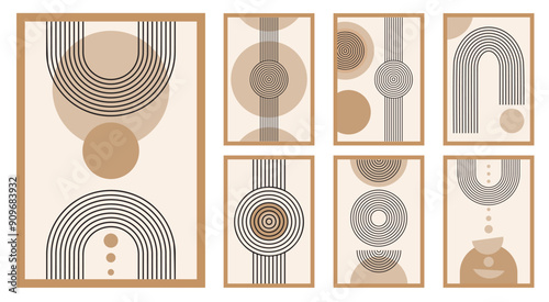 Zen arch poster set, simple line arch and shapes. Geometric Japanese zen pattern minimal elements. Boho style strips