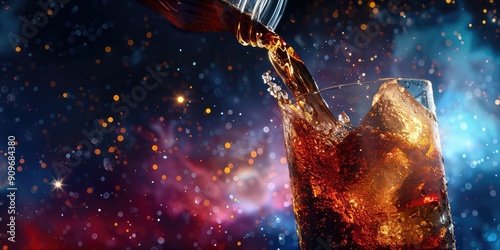 Pouring cola on request with bokeh light background. Generation of Ai