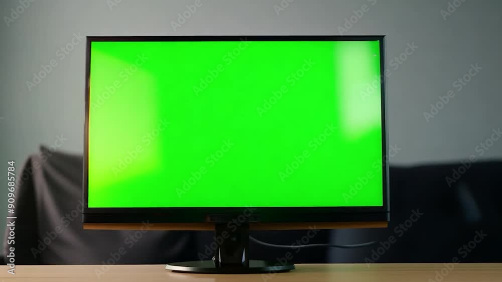 A desktop computer monitor shows a green screen on a wooden table in a sunny, bright indoor environment with soft lighting. A desktop computer monitor shows a green screen on a wooden table in a sunny, bright indoor environment with soft lighting.