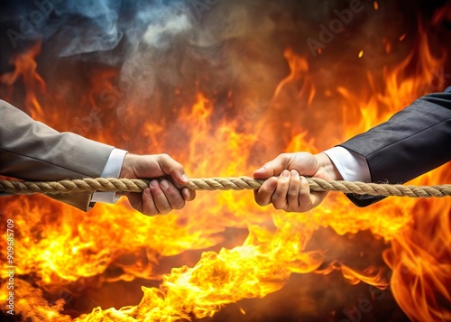 two business men play tug of war on burning background. Fierce intense competiton concept photo