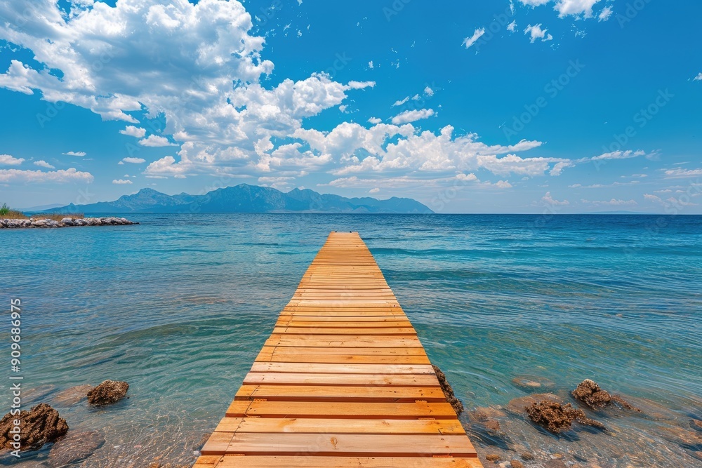 Obraz premium Wooden pier extending into tranquil ocean with mountains in the distance