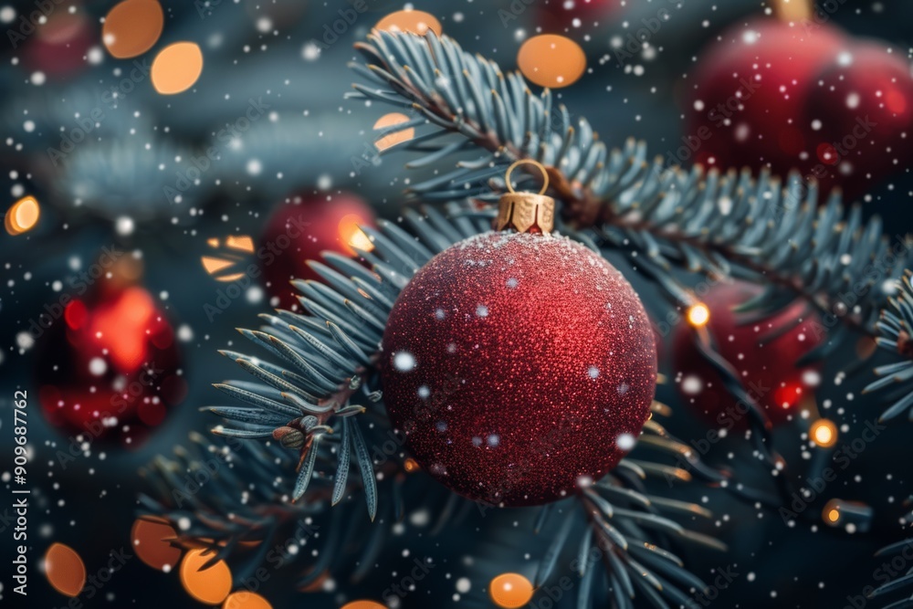 Christmas tree decoration close up with red balls Christmas tree decoration close up with red balls
