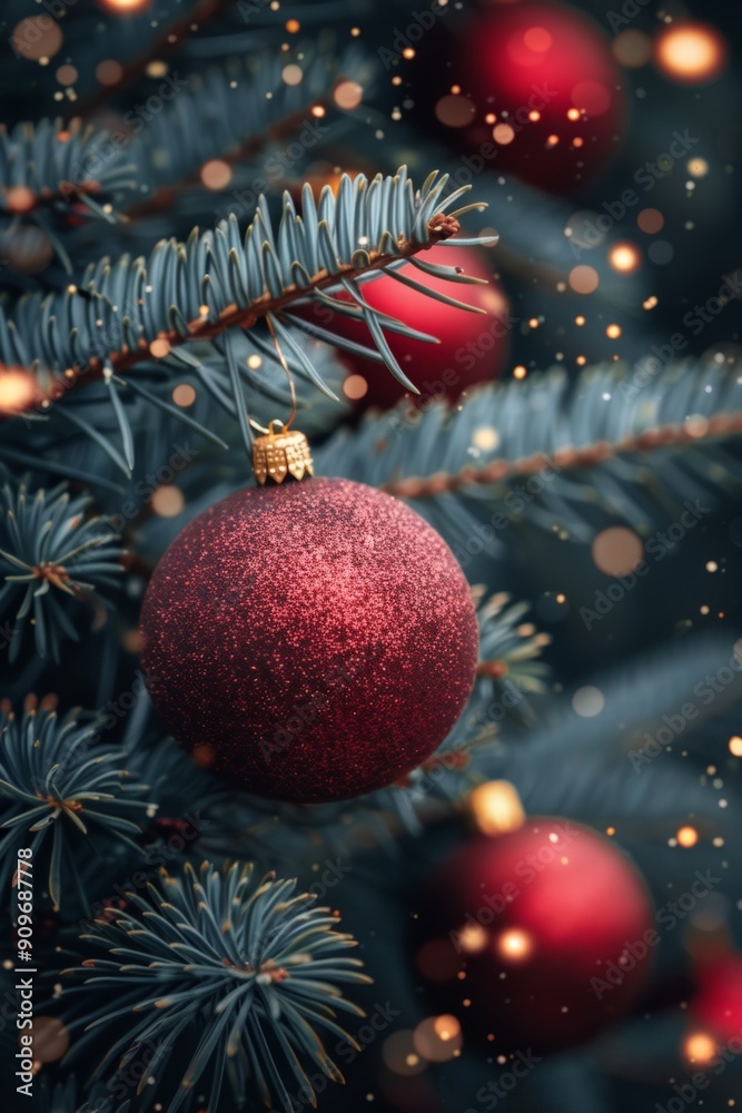 Obraz premium Christmas tree decorated with shiny red baubles and small golden twinkles in the background. Vertical greeting card