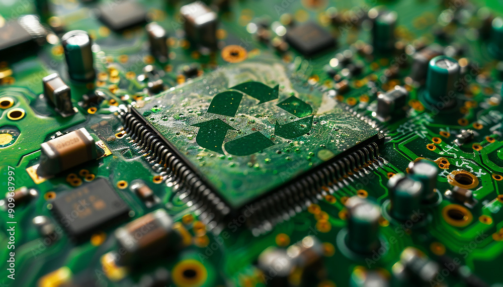 Green technology computer chip recycle sign on circuit generated.AI Green technology computer chip recycle sign on circuit generated.AI