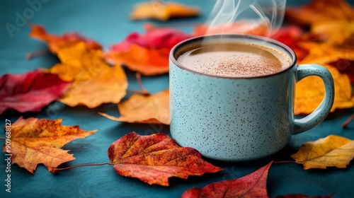 Close-up of a steaming hot coffee in a blue mug, surrounded by vibrant autumn leaves on a blue surface, evoking a cozy fall atmosphere.