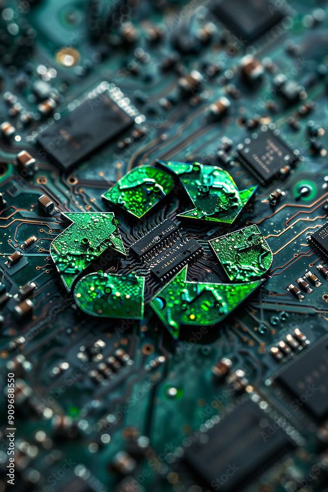Green technology computer chip recycle sign on circuit generated.AI Green technology computer chip recycle sign on circuit generated.AI