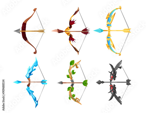 Bow and arrow weapon game assets set, 3D realistic vector illustration isolated.