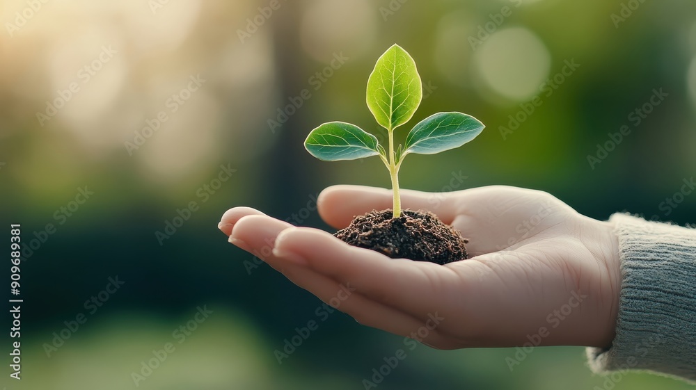 Hand cupping young sprout, symbolizing environmental protection. Hand cupping young sprout, symbolizing environmental protection.