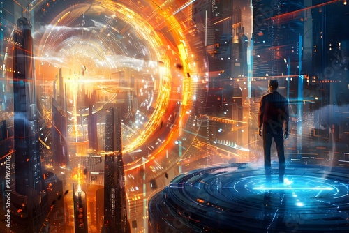 Futuristic Cityscape with Portal and Man.