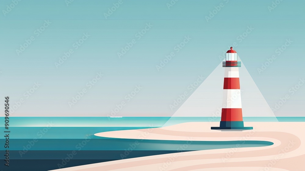 Unadorned lighthouse illustration near the sea, minimalistic style, basic colors and shapes, clear and calm ocean background Unadorned lighthouse illustration near the sea, minimalistic style, basic colors and shapes, clear and calm ocean background