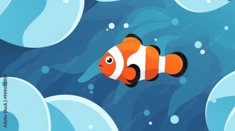 Minimalist clownfish hiding in sea anemone, Simple and clean 2D vector illustration, Basic yet colorful Minimalist clownfish hiding in sea anemone, Simple and clean 2D vector illustration, Basic yet colorful