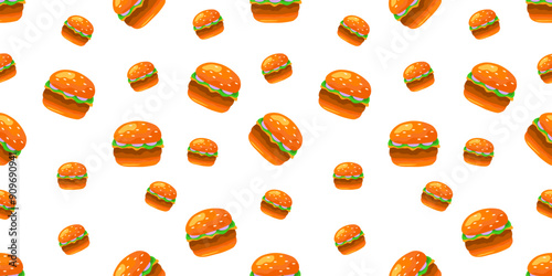 Burger Illustration Seamless Pattern. Fast Food Burger Seamless Pattern in Colorful Style. Vector Print For Fabric or Wallpaper.