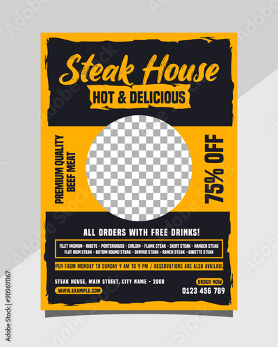 Steak house hot and delicious vertical flyer or poster promotion template