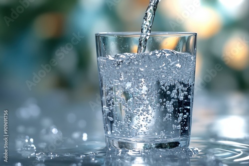 Clear Water Being Poured into Glass with blurred background