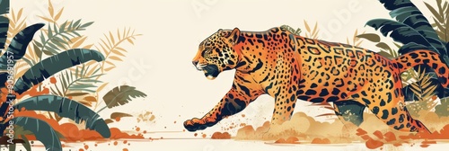 International Jaguar Day. Horizontal banner. Running jaguar among tropical plants. Copy space. Wildlife conservation concept. Environmental and animal protection. World Wildlife Day. Cheetah Day