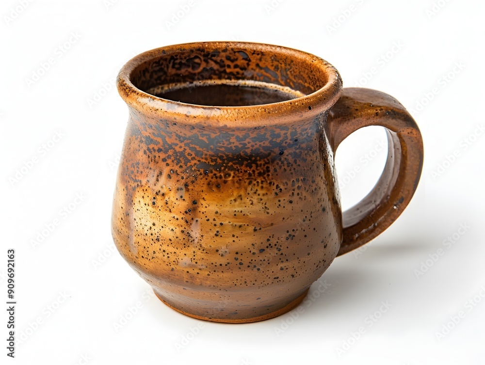 Handcrafted Clay Mug Filled with Aromatic Black Coffee on White Background
