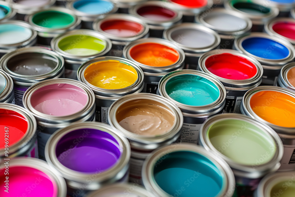 Open cans of paint in many colors, representing diversity and choice. The jars are arranged in an attractive manner, showcasing the full range of colors. Open cans of paint in many colors, representing diversity and choice. The jars are arranged in an attractive manner, showcasing the full range of colors.