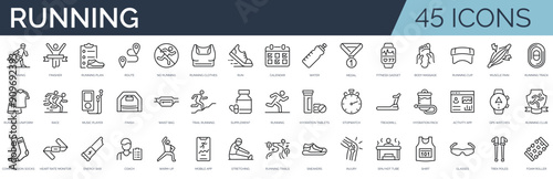 Set of 45 outline icons related to running.Linear icon collection. Editable stroke. Vector illustration