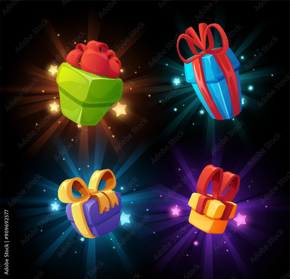 Fotografie Gift bonus boxes game icons ui elements set, 3D vector illustration isolated