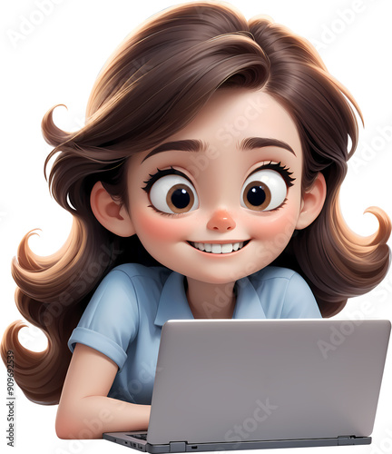 3D illustration icon of a young female office worker looking at a laptop photo