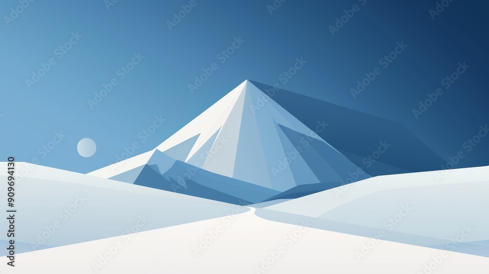 Minimalist mountain landscape, snow-covered peak, 2D vector style, clear and simple design, basic shapes, uncluttered, tranquil scene Minimalist mountain landscape, snow-covered peak, 2D vector style, clear and simple design, basic shapes, uncluttered, tranquil scene