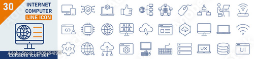 Internet and Computer line icon set. Set of 30 outline icons related to computer components, programming, technology, and more. Linear icon collection. Internet and Computer outline icons collection.