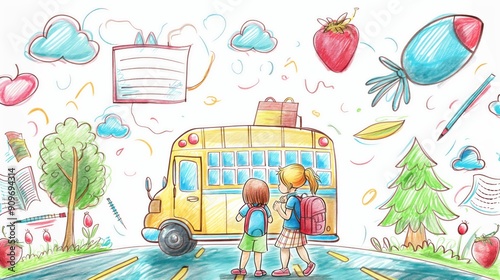 A group of small schoolchildren with backpacks. Generative AI