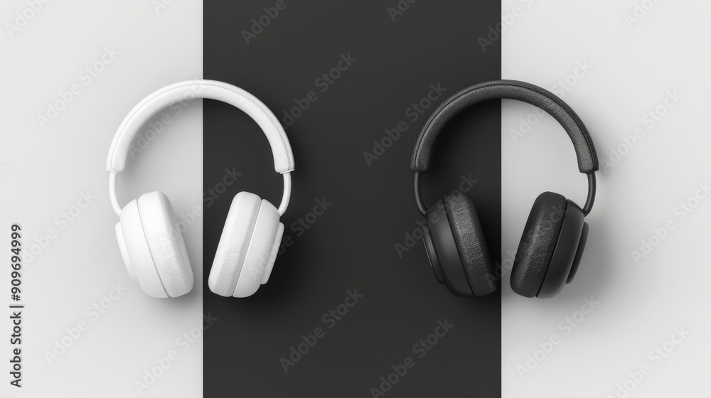 Minimalist headphones in sleek black and white, clean lines, basic design, plain 2D vector illustration, simple and uncomplicated Minimalist headphones in sleek black and white, clean lines, basic design, plain 2D vector illustration, simple and uncomplicated