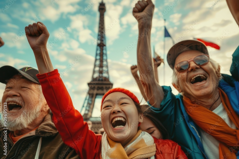 Joyful Sports Fans Celebrating Victory Near the Eiffel Tower - Perfect for Event Posters and Social Media Joyful Sports Fans Celebrating Victory Near the Eiffel Tower - Perfect for Event Posters and Social Media