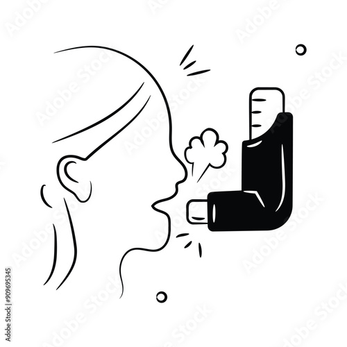 Asthma patient taking medicine with inhaler pump, doodle icon of asthma