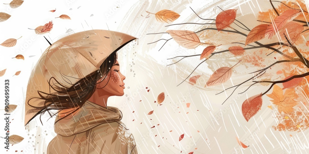 Fototapeta premium Woman under umbrella in autumn rain.