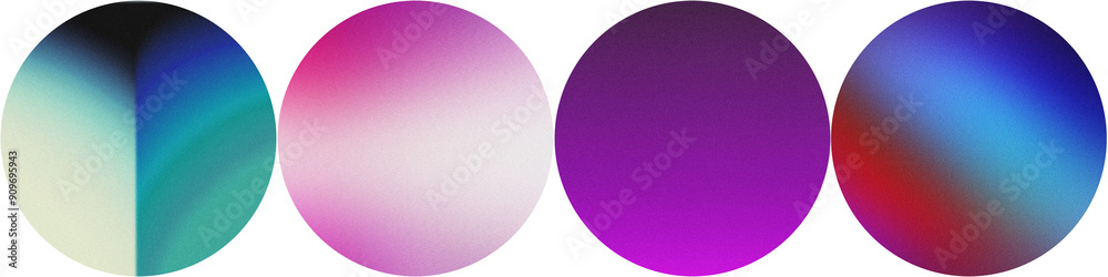 Four circular gradient designs with grainy textures in various vibrant colors on a transparent background Four circular gradient designs with grainy textures in various vibrant colors on a transparent background