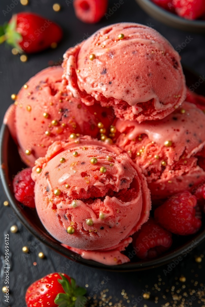 A bowl filled with vibrant red ice cream, garnished with fresh berries and colorful sprinkles, creates a tempting dessert display A bowl filled with vibrant red ice cream, garnished with fresh berries and colorful sprinkles, creates a tempting dessert display