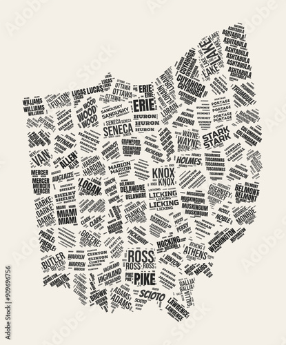 Ohio Word Cloud. State with counties division. Ohio typographic text clouds vector image design. Vintage gazette style state shape image. Elegant vector illustration.