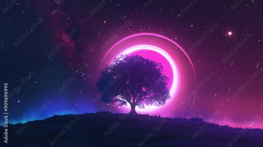 Fototapeta premium Neon Night Sky with a Silhouetted Tree