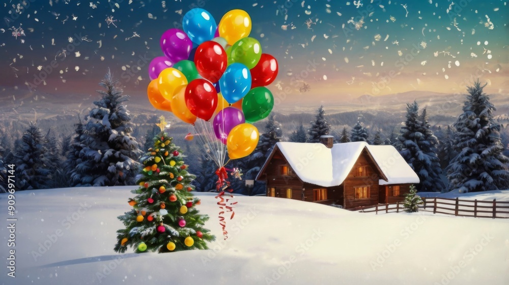 Fototapeta premium Christmas tree toy in the form of a house on a branch. Christmas mood background. Vacation atmosphere. Comfort hyuge concept cozy. Family budget Mortgage buying real estate