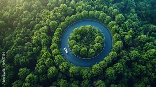 Endless Journey: A Car on a Looping Forest Road.Circular Dilemma.Aerial View of a Car on an Enclosed Path. Landscape background.