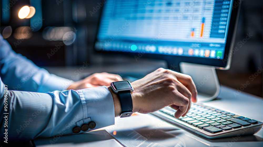 Man Working on Computer with Smartwatch, Modern Office Setting Man Working on Computer with Smartwatch, Modern Office Setting