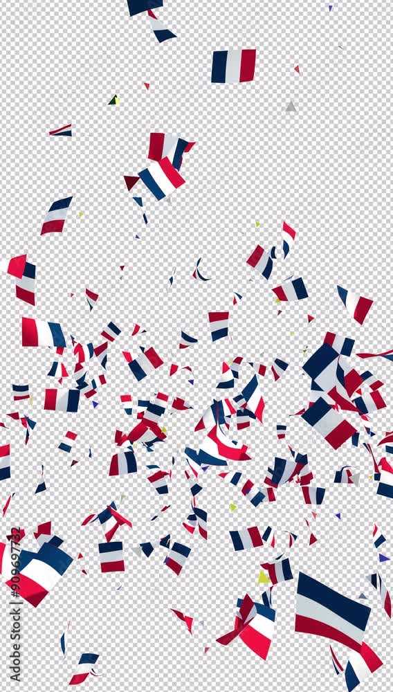 French flag and confetti flying with alpha channel. 3D rendering Animation / 4K / Composite Vertical