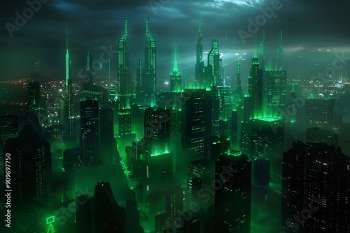 A green futuristic cityscape showcasing original and innovative design elements  blending advanced technology with sustainable practices to create a vibrant and eco-friendly urban environment.