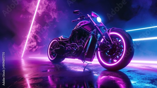 Neon Night Rider: A Black Motorcycle in a Purple and Blue Glow